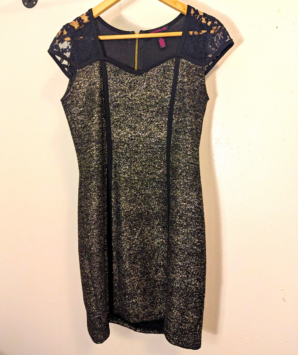 Material Girl Black/Silver Lace Yoke Cap Sleeve Sheath Lined Dress L